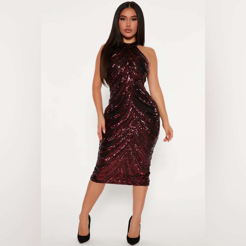 Fashion Nova Burgundy Sequin Halter Bodycon Midi Dress